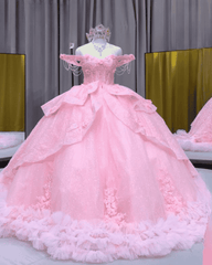 Baby Pink Off-Shoulder Feather Trim Ball Gown Quinceañera Dress