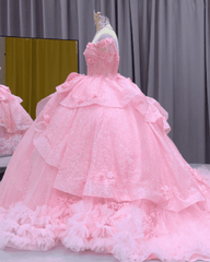 Baby Pink Off-Shoulder Feather Trim Ball Gown Quinceañera Dress