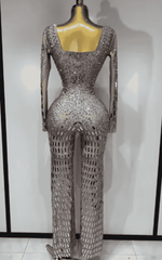 Eniko Shiny Silver Sequin Diamond Performance Jumpsuit