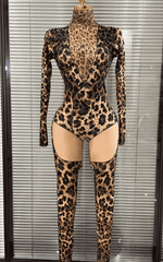 Azi Leopard Print Rhinestone Performance Two Piece Clubwear Set