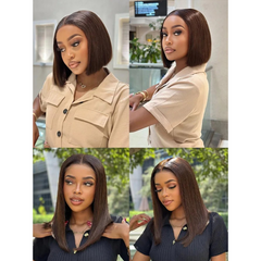 Chocolate Brown Bob Glueless Wig – 4x4 Brazilian Straight Human Hair Lace Front, Ready to Wear
