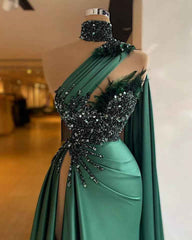 Emerald Green Beaded Satin Evening Dress