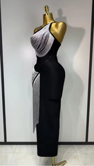 Cindy Sexy Slanted Collar Silver Tassel Bandage Dress