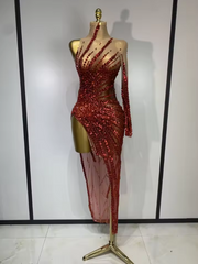 Alice Sexy Red Mesh See Through Diamonds Sequins Dress - Luxury Sparkly Birthday Mini