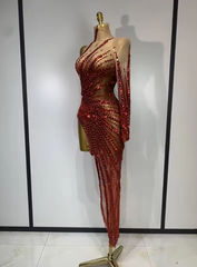Alice Sexy Red Mesh See Through Diamonds Sequins Dress - Luxury Sparkly Birthday Mini