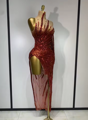 Alice Sexy Red Mesh See Through Diamonds Sequins Dress - Luxury Sparkly Birthday Mini