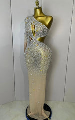 Anita Sexy One Shoulder Hollow Out Crystal Bodycon Long Dress