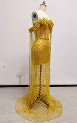 Gilded Goddess Off-The-Shoulder Gold Corset Gown With Beaded Fringe And Lattice Mesh Skirt