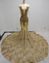 Genevieve Gold Crystal Mesh See-Through Long Evening Gown-Ready to Ship