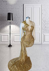 Gold Sequin Sweep Train Cocktail Birthday Dress