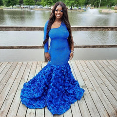 Glitter Beaded Mermaid Long Prom Dress Blue Single Full Sleeve