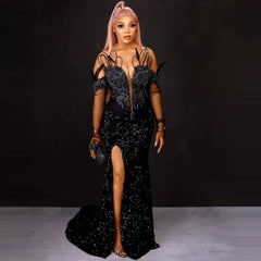 Black Beads Sequined Mermaid Prom Dress