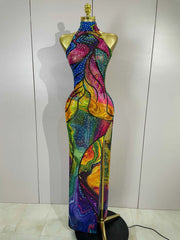 Felicia Colorful Rhinestone Print High Slit Sleeveless Long Dress