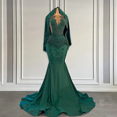 Emerald Green Crystal Mermaid Long Prom Dress with Head Piece