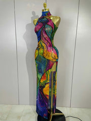 Felicia Colorful Rhinestone Print High Slit Sleeveless Long Dress