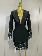 Eva Black V-Neck Pearl Beaded Long Sleeve Bodycon Bandage Dress