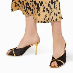Elegant Two-Tone Satin Stiletto Mules Open Peep Toe Contrast Metallic Trim Slip-On Slide High Heels