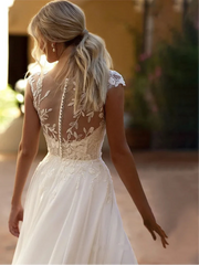Elegant Boho Lace Wedding Dress Illusion Back Side Split Applique