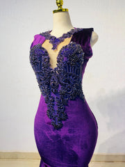 Charming Purple Velvet Mermaid Prom Dress with Embroidery