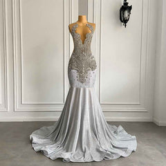 Exquisite Silver Luxury Mermaid Prom Dress with Diamond Accents