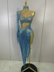 Ailanny Sparkly Diamond Blue Rhinestone Mesh One Shoulder Tassel Dress