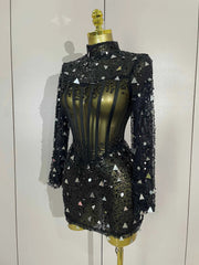 Emily Shiny Sequin Pearl Black Mesh Long Sleeve Bodycon Mini Dress