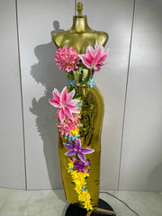 Foxy Elegant 3D Flower Golden Mesh Top Bodycon Two-Piece Set