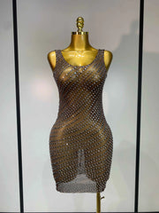 Daisy Sparkly Rhinestone Sheer Bodycon Mini Dress for Women