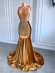 Gold Mermaid Prom Dress - Sheer Top Diamond Velvet Mermaid Gown