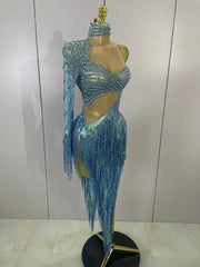 Ailanny Sparkly Diamond Blue Rhinestone Mesh One Shoulder Tassel Dress