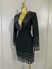 Eva Black V-Neck Pearl Beaded Long Sleeve Bodycon Bandage Dress
