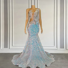 Elegant Iridescent Blue Sequin Crystals Prom Dress