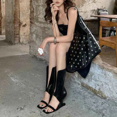 Black Leather Cutout Mid Calf Sandal Boots Square Open Toe Single Strap Wedge Heel