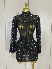 Emily Shiny Sequin Pearl Black Mesh Long Sleeve Bodycon Mini Dress