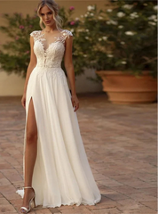 Elegant Boho Lace Wedding Dress Illusion Back Side Split Applique