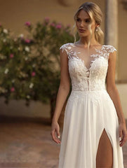 Elegant Boho Lace Wedding Dress Illusion Back Side Split Applique