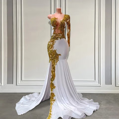 Elegant White Mermaid Luxury Gold Crystal Split One Shoulder Prom Dress