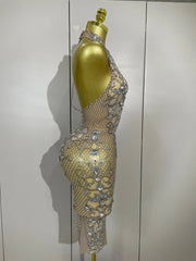 Amelise Sparkly Crystal Diamonds See Through Mesh Dress