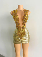 Gold Sheer Beaded Mini Birthday Dress