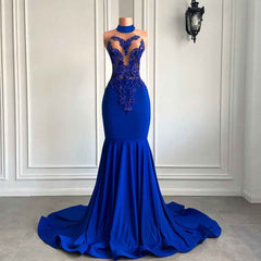 Elegant Royal Blue High Neck Luxury Beaded Embroidery Prom Dress