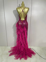 Gabrielle Rhinestone Fringe Backless Sheer Maxi Dress