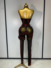 Amanda Backless Red Rhinestone Black Mesh Bodycon Jumpsuit