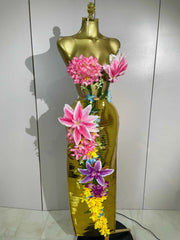 Foxy Elegant 3D Flower Golden Mesh Top Bodycon Two-Piece Set