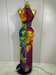 Felicia Colorful Rhinestone Print High Slit Sleeveless Long Dress