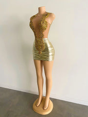 Gold Sheer Beaded Mini Birthday Dress