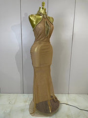 Eva Sexy Halter Sparkly Diamond Golden Mesh Sequin Maxi Dress