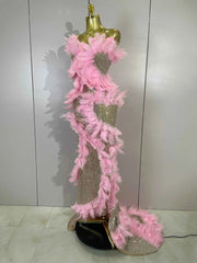 Faye Pink Sequin Feather Mesh Mermaid Maxi Gown