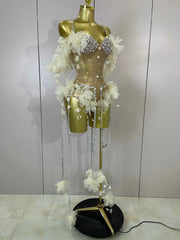 Ebony Sparkly Rhinestones Flower Tassel Mesh Stretch Bodysuit