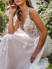 Boho A-Line Wedding Dress For Bride 3D Flowers Spaghetti Straps