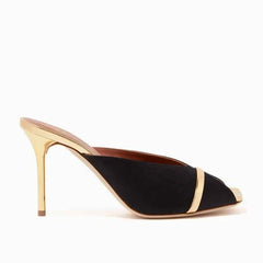 Elegant Two-Tone Satin Stiletto Mules Open Peep Toe Contrast Metallic Trim Slip-On Slide High Heels